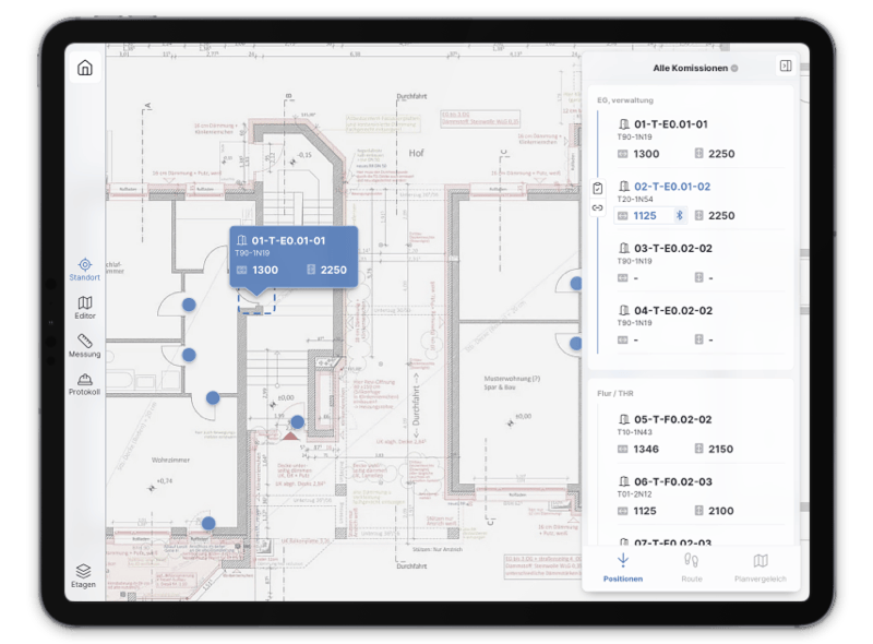 A tablet displays a construction plan or blueprint with detailed annotations and measurements. The interface uses a clean, technical aesthetic with a light background and blue accents to highlight key areas and dimensions. The layout is organized with clear labels, and a sidebar provides additional tools or information.