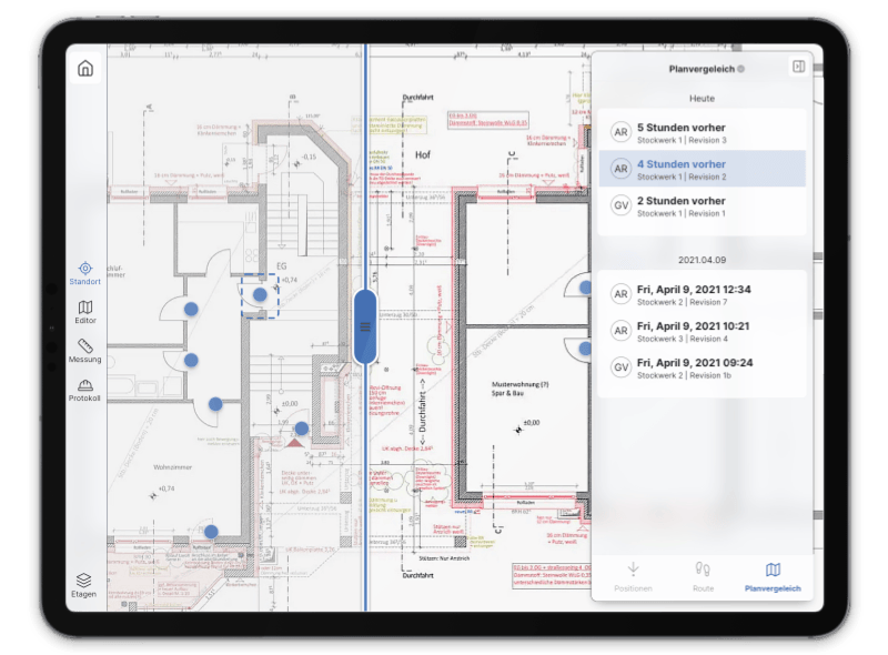 A tablet displays a construction plan comparison interface, overlaying different revisions of a blueprint. The left side shows the main plan with blue highlights and annotations, while a semi-transparent panel on the right allows for comparing various revisions (e.g., '5 hours ago,' '4 hours ago'). The interface is clean and technical, with a focus on precision and detail.