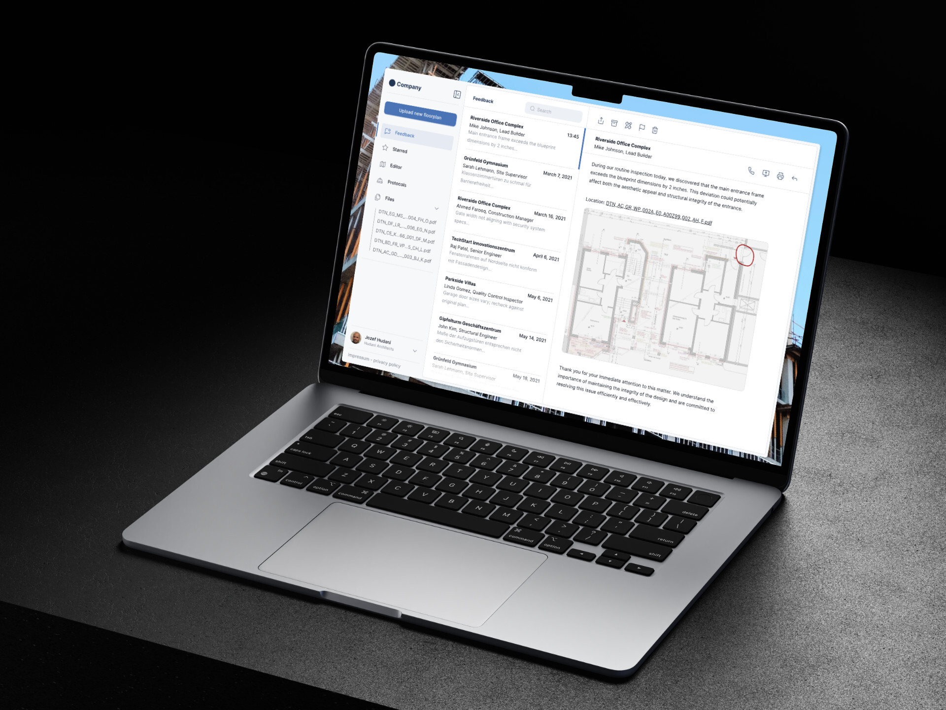 A laptop displays a modern messaging client interface with a construction-related conversation open. The main message pane shows a blueprint or floor plan preview. The interface features a clean and organized layout, common in contemporary messaging applications, with a sidebar for contacts or channels and a clear message window.