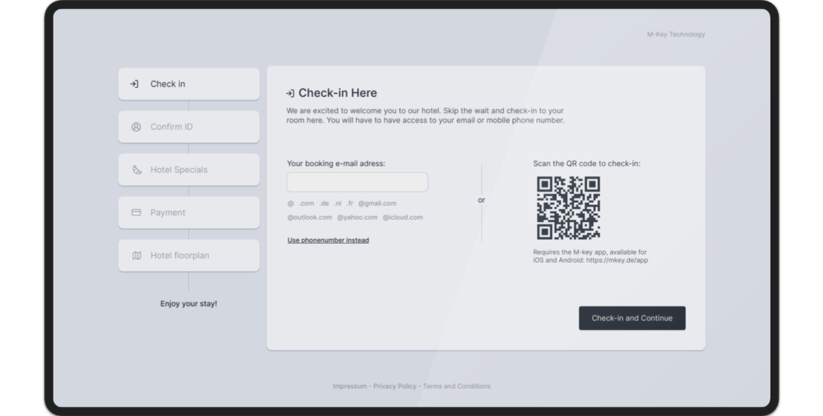 A tablet displays a clean and modern digital check-in interface for a hotel. The left sidebar shows a navigation menu with steps like 'Check in,' 'Confirm ID,' 'Hotel Specials,' 'Payment,' and 'Hotel floorplan.' The main content area displays the 'Check-in Here' screen with fields for entering a booking email address and a QR code for scanning. The interface uses a light gray background with dark gray text and clearly defined sections, emphasizing a user-friendly experience for a streamlined check-in process.