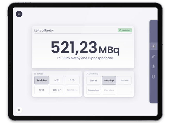 A minimalist tablet screen displaying a large, central reading from a left calibrator. The interface uses a clean and segmented design to present isotope and geometry selection options below the primary measurement.