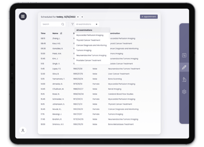 A well-organized patient scheduling interface on a tablet, employing a clean table format to display appointment data. A prominent search bar and filter options are visible, along with a clear '+ appointment' button for adding new entries.