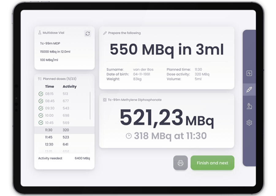 A focused view of a tablet interface with a user-friendly design for radiopharmaceutical dose preparation. The screen features a balanced arrangement of information with clear visual hierarchy and a prominent 'Finish and next' button.
